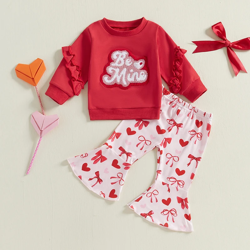 Adorable Baby Girls Valentine s Day Outfit Heart Print Ruffle Sleeve Top Bowknot Leggings 2-Piece Set for Toddlers