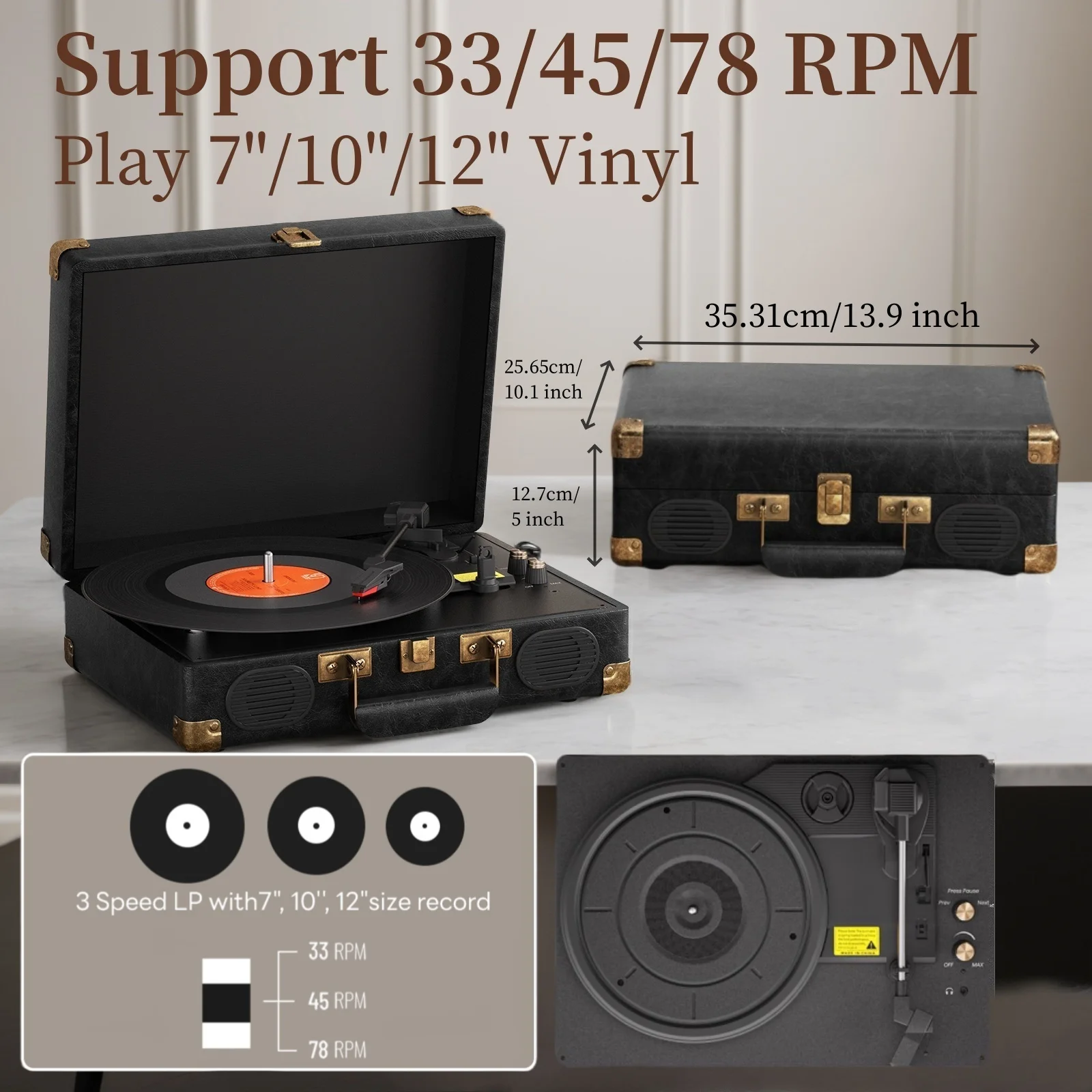 

Портативный чемодан-аудиоплеер MAIO Record Player со встроенными динамиками, 3-скоростной виниловый Spinne