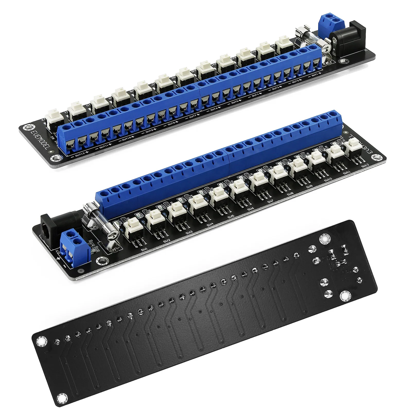 1 jednostka Evemodel 3V-24V DC moduł dystrybucji zasilania 12 kanałów z indywidualnymi przełącznikami PCB017