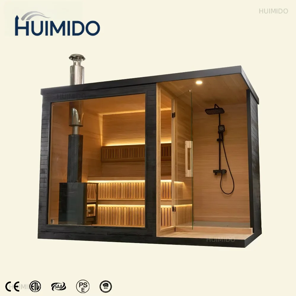 Large outdoor sauna with shower, wooden sauna stove, dry sauna cabin, perfect for a luxurious backyard