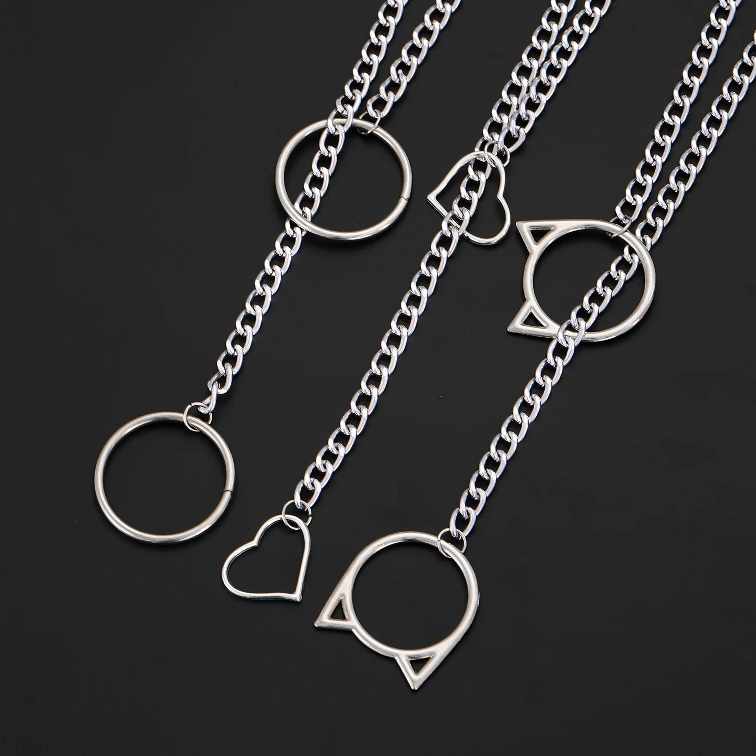 Heart Cat O-ring Slip Chain Necklace for Women Silver Color Punk Rock Long Tassel Y Shaped Collar Jewelry Adjustable Neck Chains