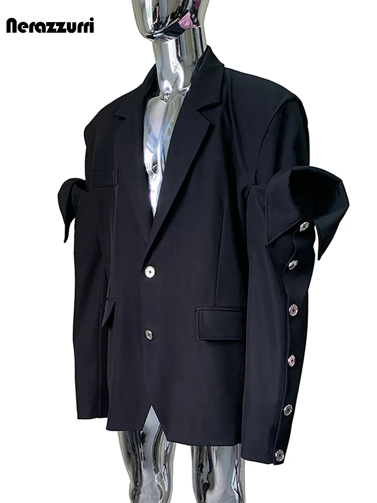 Nerazzurri Spring Autumn Black Oversized Blazers for Men Shoulder Pads Single Breasted Punk Style Fake 2 Piece Menswear Clothes