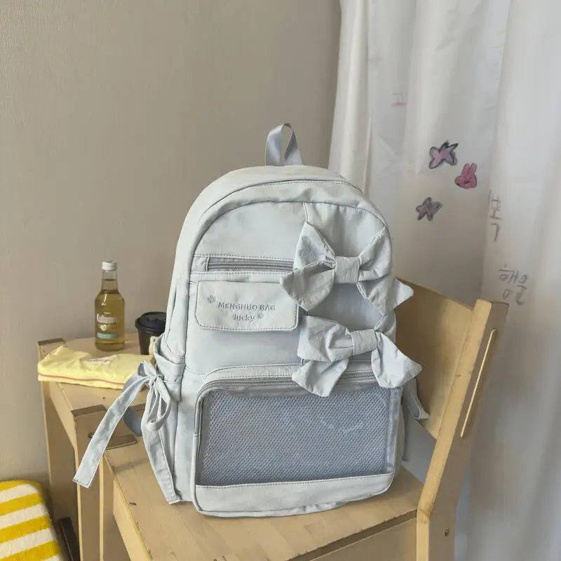 Women's Backpack, Cool Breeze, Soft Fog, Low Saturation Sea Salt, Blue Bow Backpack, Student Party, Girl, Travel, Commuting, Lig