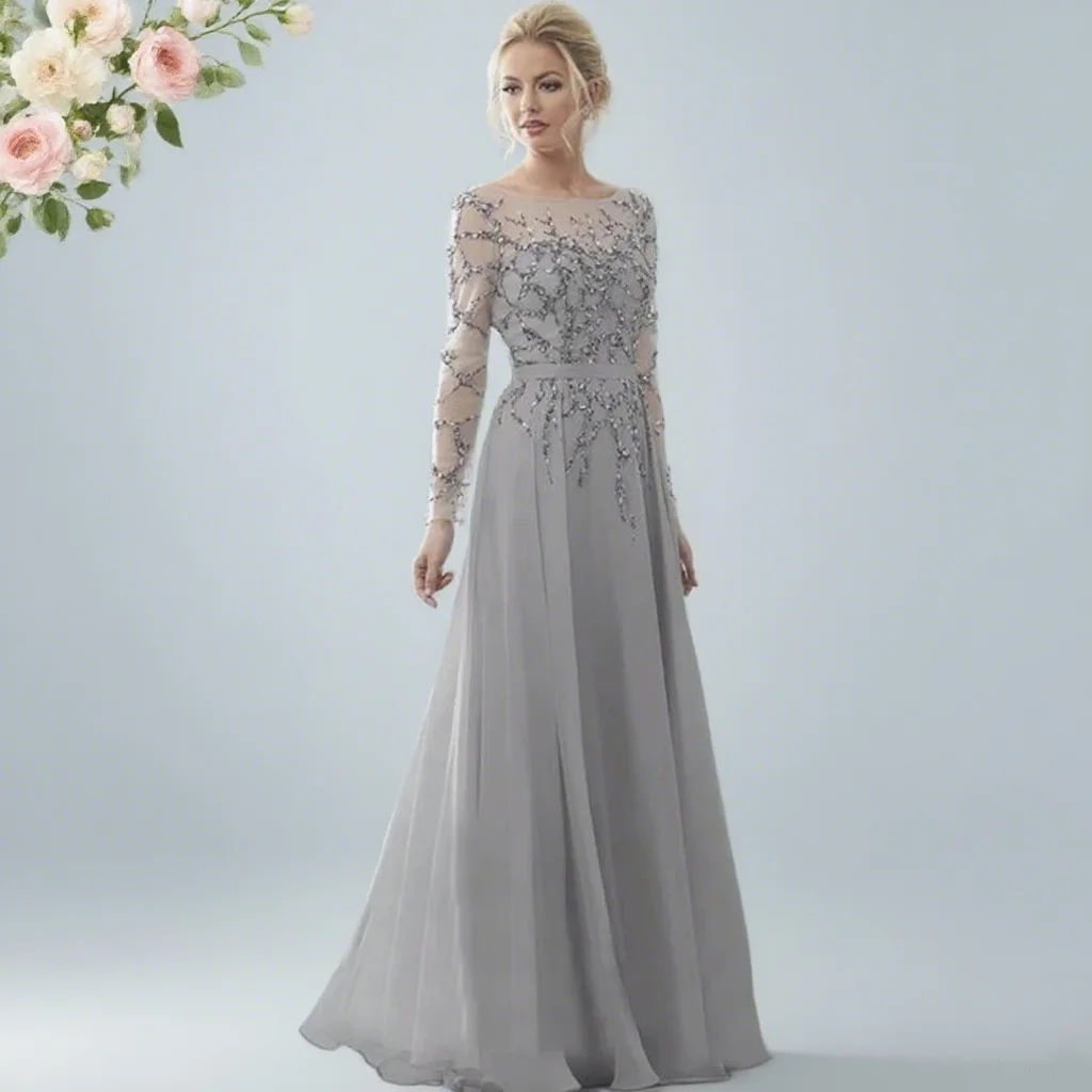 

Mother Of The Bride Dresses A-line Long Sleeves Chiffon Beaded Long Groom Mother Wedding Dresses Prom Gowns Customized