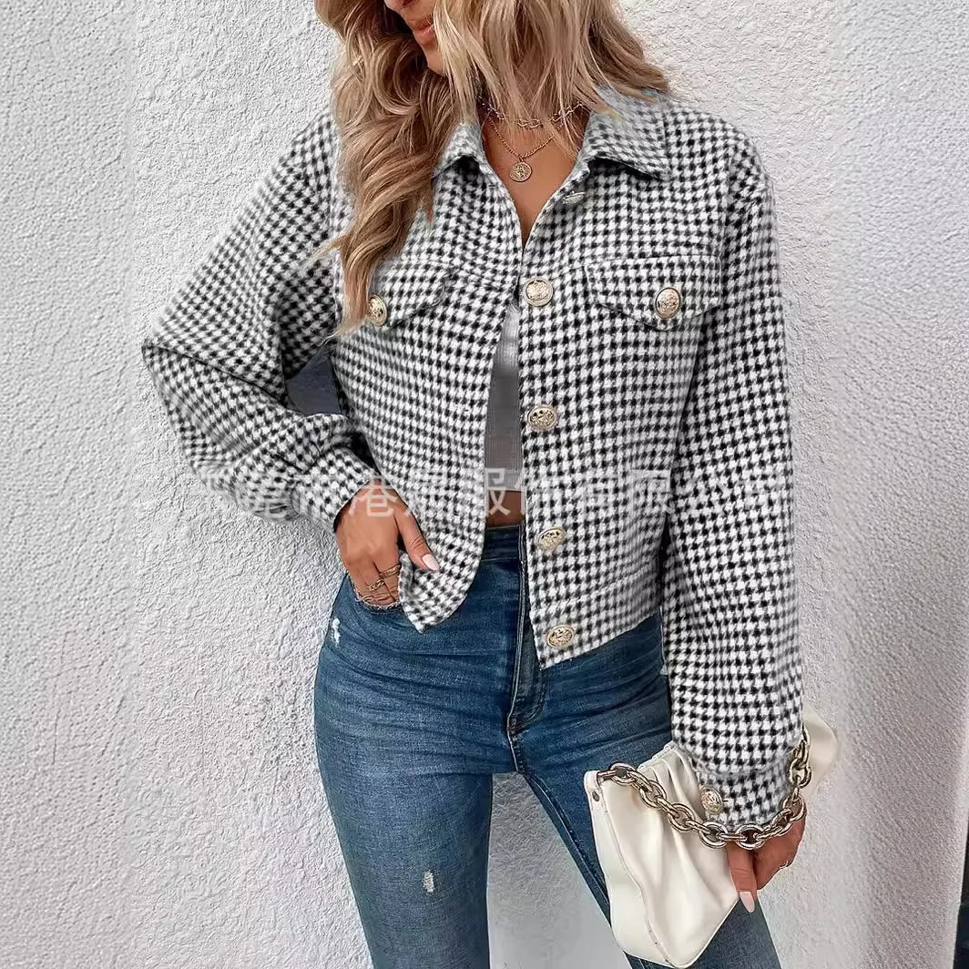 

Women Autumn Fashion Jacket Lapel Collar Single Breast Plover Plaid Shirt Ladies Small Fragrance Cropped Blouses Coat