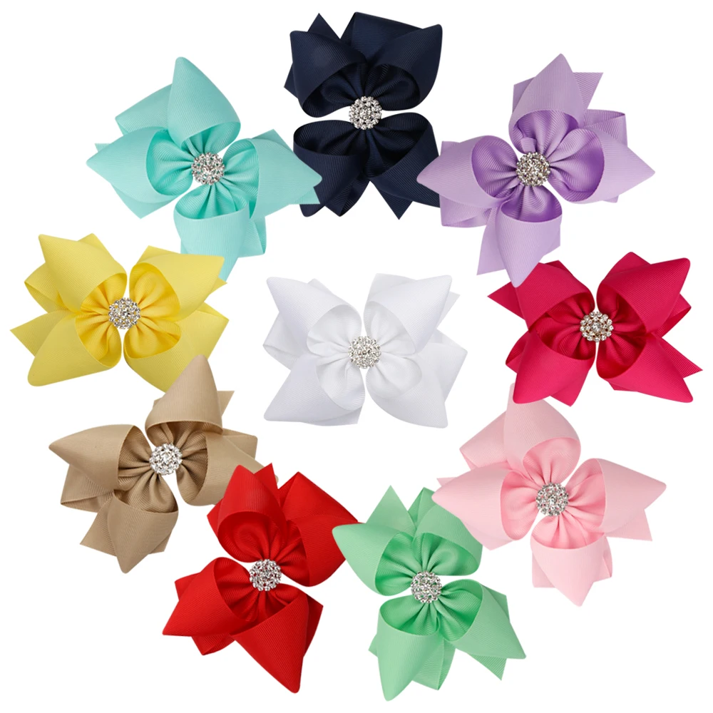 CN 5\'\' Solid Ribbon Stacked Hair Bows With Clips for Girls Kids Rhinestone Knotted Double Layers Hair Clips  Hair Accessories