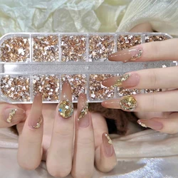 12Grids Mini Champagne Gold Nail Art Rhinestones Mixed Flatback Crystal Nail Gems Charms 3D Shining Diamond Glass Stone Nail Dec