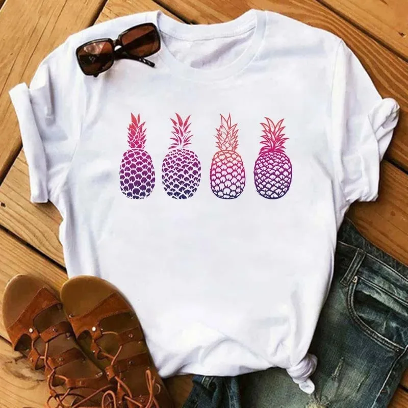 Maycaur New Kawaii Fruits Strawberry Print Women Tops Casual Female Short-sleeved Streetwear Black Round Neck  T-shirts