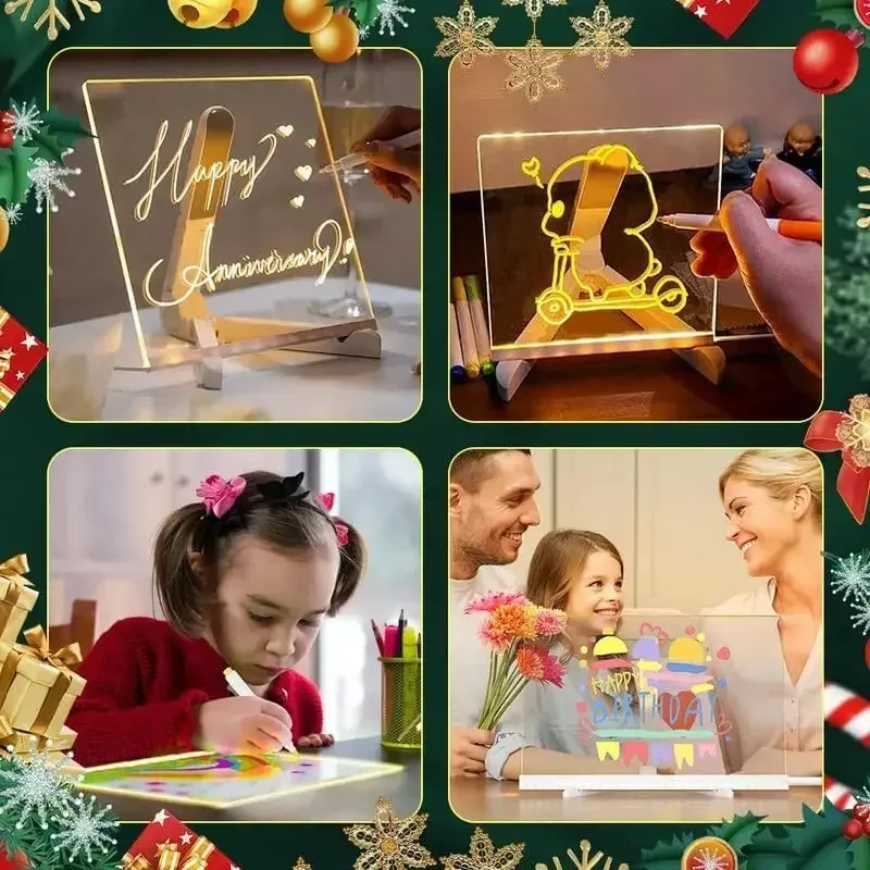 Akrylowa, przezroczysta tablica do rysowania z podświetleniem, świecąca, wymazywalna tablica LED, magiczna tablica, zabawki DIY dla dzieci, z 7 kolorowymi pisakami i podstawką.