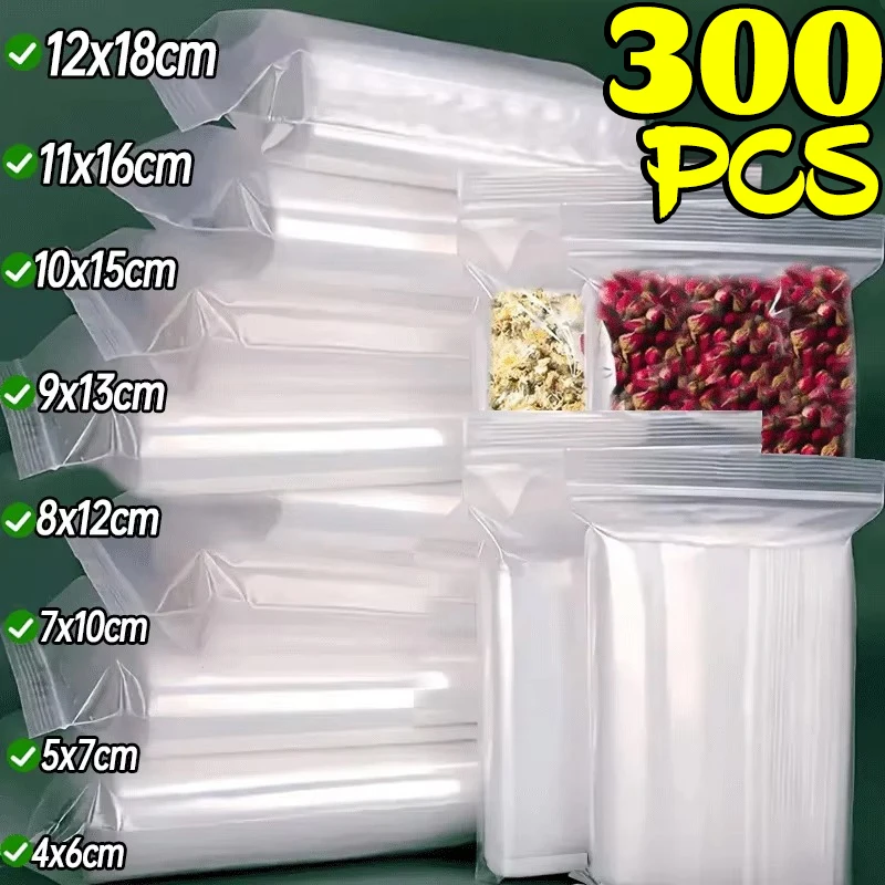 100/300Pcs Thicken Zipper Sealed Bags Clear Plastic Storage Bag for Small Jewelry Food Packing Reclosable Zippers Sealing Bag