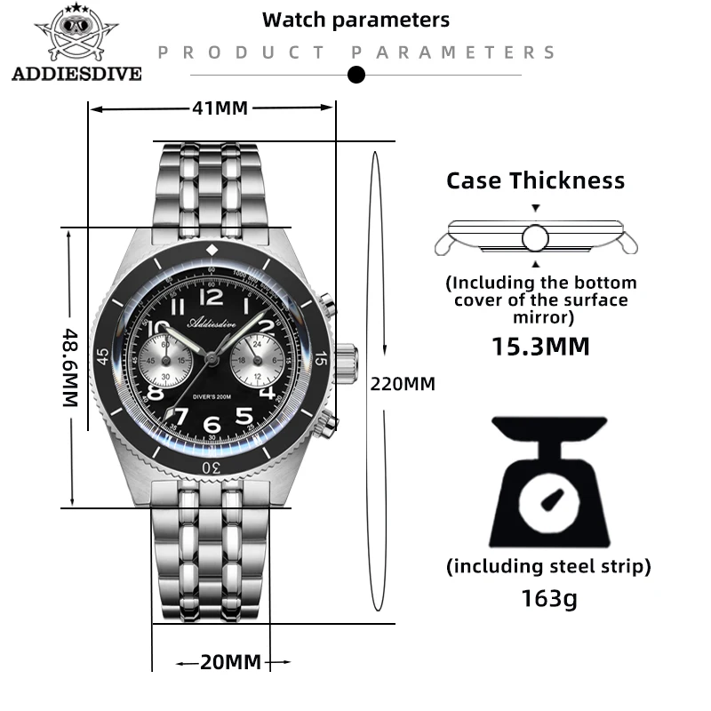 Addiesdive นาฬิกาผู้ชาย41มม., นาฬิกาแฟชั่นกีฬาแพนด้าโครโนกราฟหรูหราย้อนยุค20Bar แซฟไฟร์ดำน้ำนาฬิกาข้อมือควอตซ์เรืองแสงสำหรับผู้ชาย