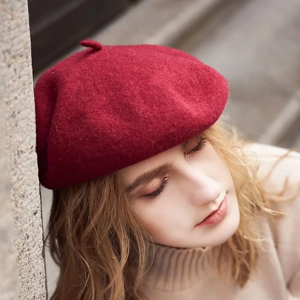 Women's Warm Wool Beret Hat Retro Casual Wool Beret Fashion Solid Black Pink Beanie Hat French Artist Hat Winter Hats For Women