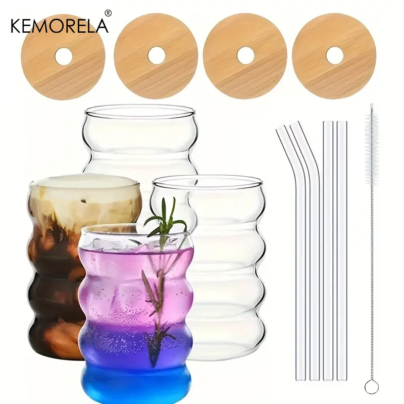 4PCS Creative Glass Cup with Lid Straw Heat-resistant Wave Cup Beer Juice Ice Coffee Cups Cocktail Fruit Bubble Glass Drinkware