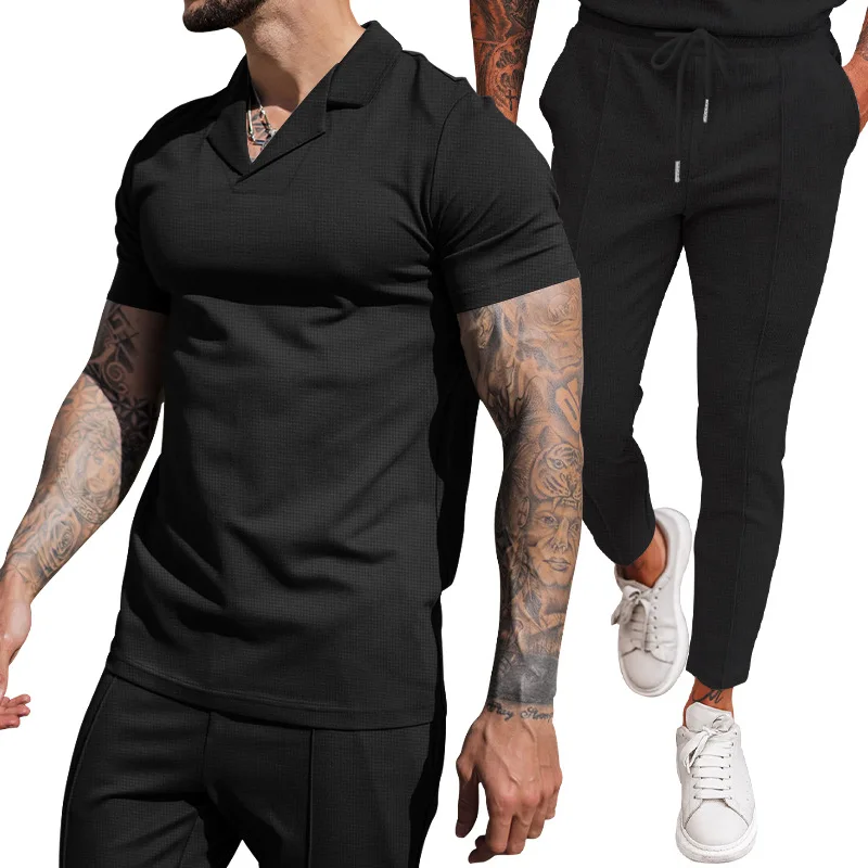 2024 Foreign Trade Summer New Waffle V-neck Casual Polo Collar Men's Short Sleeved Long Pants Set Men's Clothing