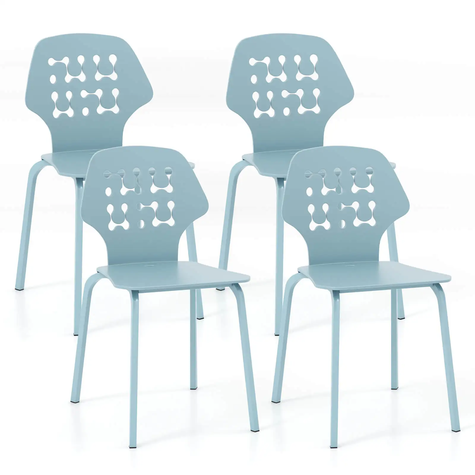 Metal Dining Chair Set of 4 Armless Kitchen Hollowed Backrest & Metal Legs Blue