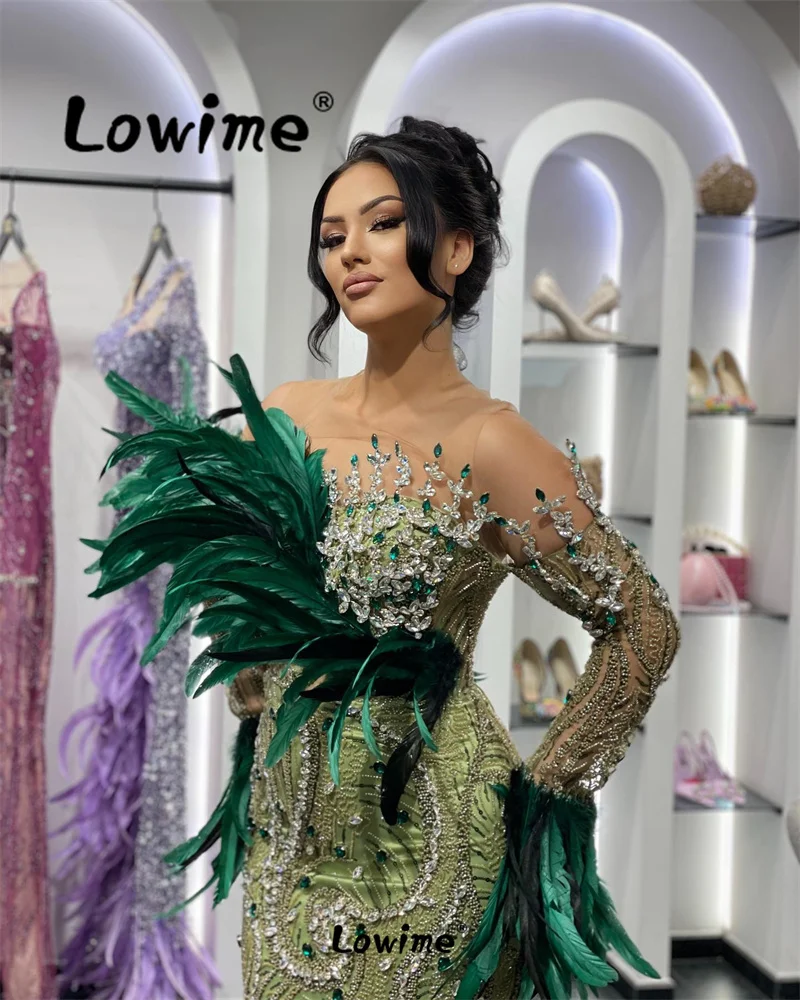 Luxury Celebrity Dress 2024 Couture Green Feathers Evening Dresses Crystals Beaded Mermaid Long Prom Party Gowns Robe De Soiree