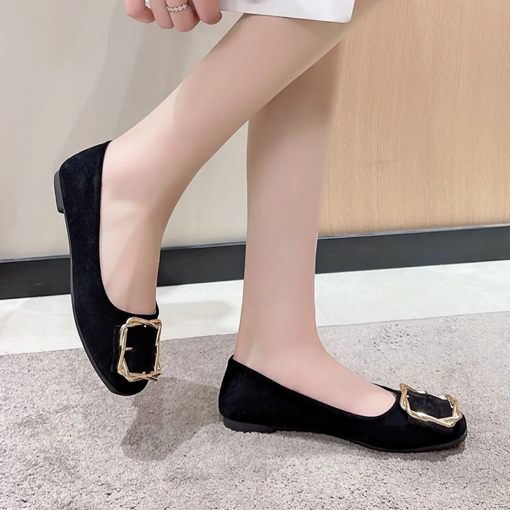 Spring Women Flats Round Toe Suede Ladies Loafers Fashion Square Buckle Slip On Casual Shoes for Women zapatos mujer  plus35-42