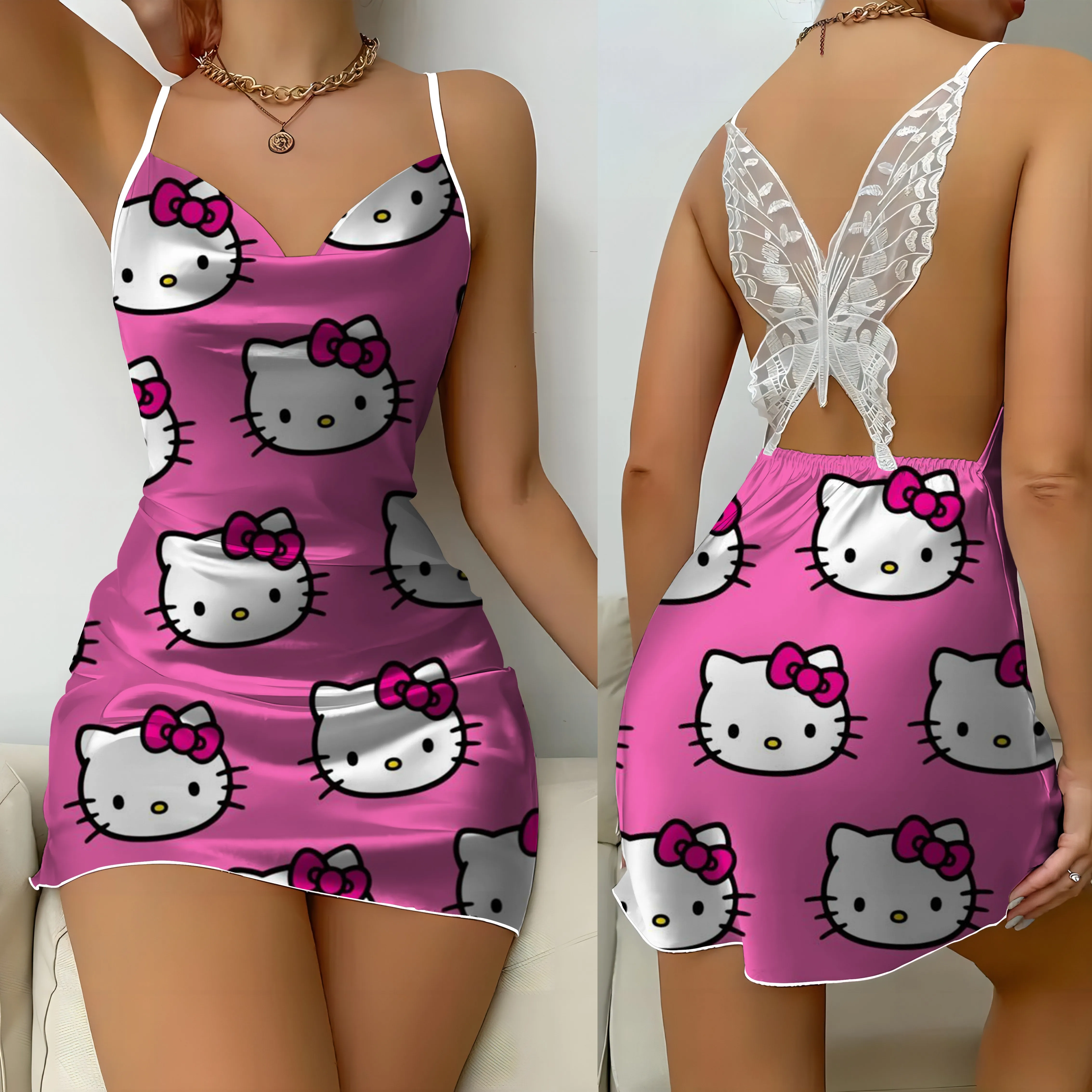 Hello Kitty-Mini robe pyjama en satin pour femme, jupe courte sexy, robe de soirée en dentelle, robe à nœud papillon, mode d'été, 2024