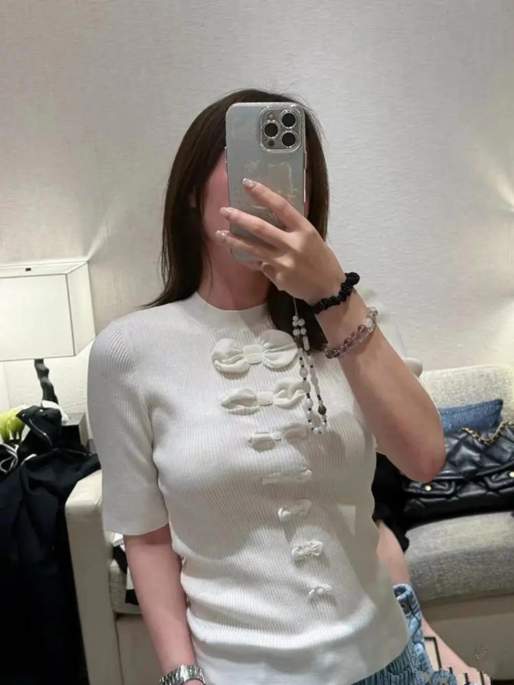 

Новое поступление, эластичный вязаный топ средней длины с круглым вырезом и бантом