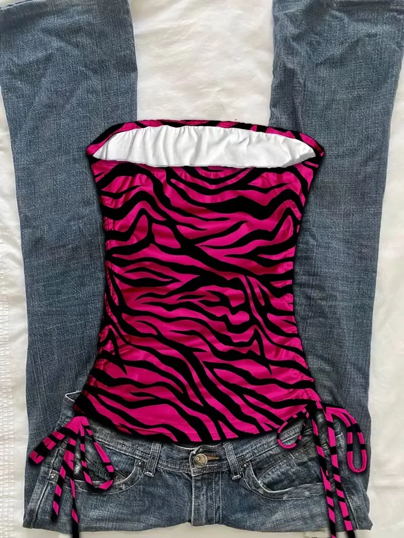 Cropped-Top für Damen, Sommerurlaub, plissierte Weste mit Leopardenmuster und Schnürung, ärmelloses Top mit Zebramuster, rosa Top mit Zebramuster – Detail 6