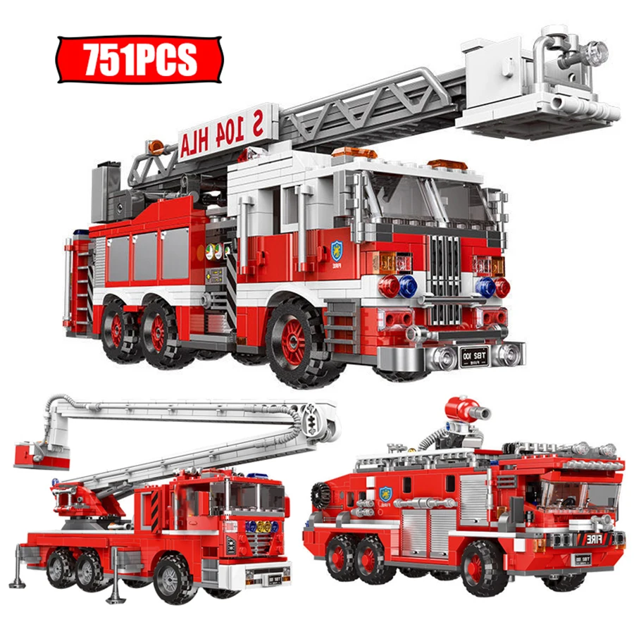 MOC Technical City Ladder Firetruck Fire Truck Building Blocks Police Set Bricks Moc Water Tank Firemen Car Bricks Toys For Kids