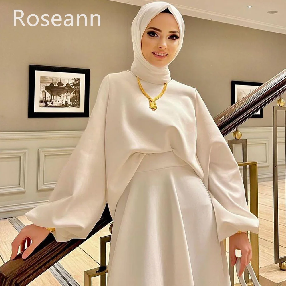 Muslim Simple High Collar Ivory A-line Wedding Dresses Full Vertically Draped Pleat Satin Bride Gown Anke Length robe de mariée