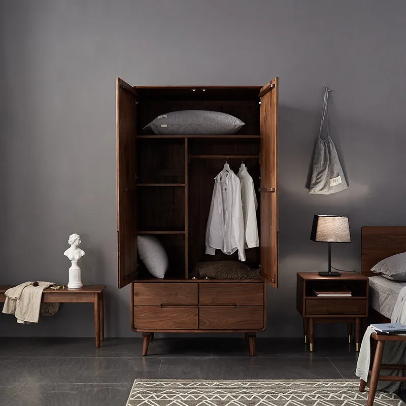 North American black walnut all-solid wood wardrobe, large wardrobe, modern double-door storage cabinet c
