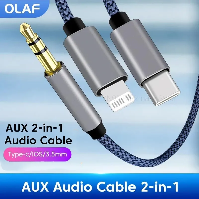 Olaf 2 w 1 Aux Audio Kabel USB C/Lightning do 3,5 mm jack Aux do telefonów Głośnik samochodowy Kabel USB-C z męskiego na męski