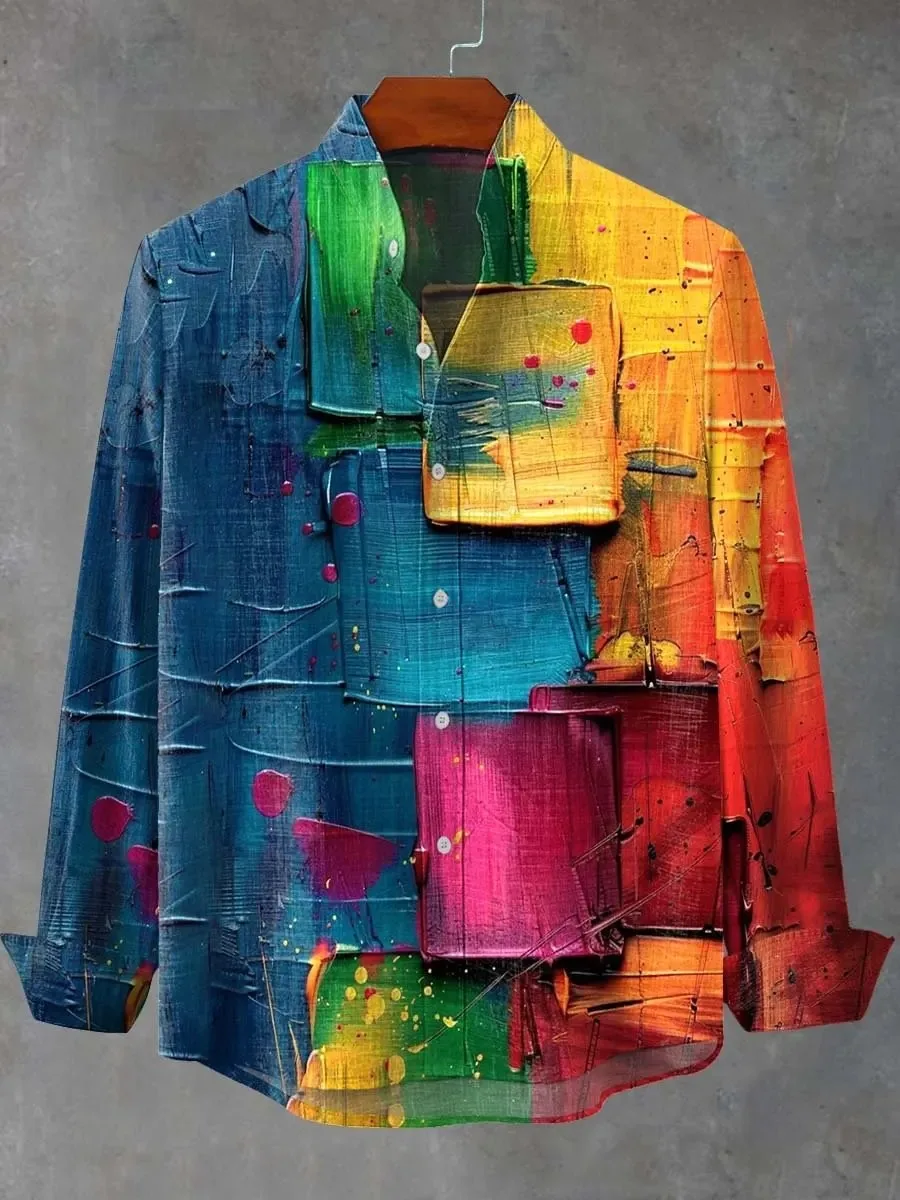 Men's Linen Long Sleeved Shirt, Fashion Trend, Graffiti Style, Solid Color, Casual, Trendy, Spring/Summer Style
