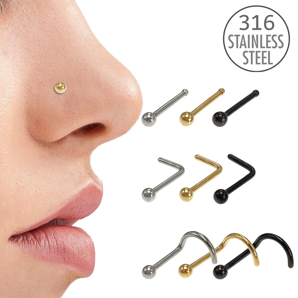 10Pcs Nose Piercing Ring Studs Set for Women Nostril Piercings Jewelry Bone Bend L Straight Screw Shape Black Color 0.8mm 1.0mm