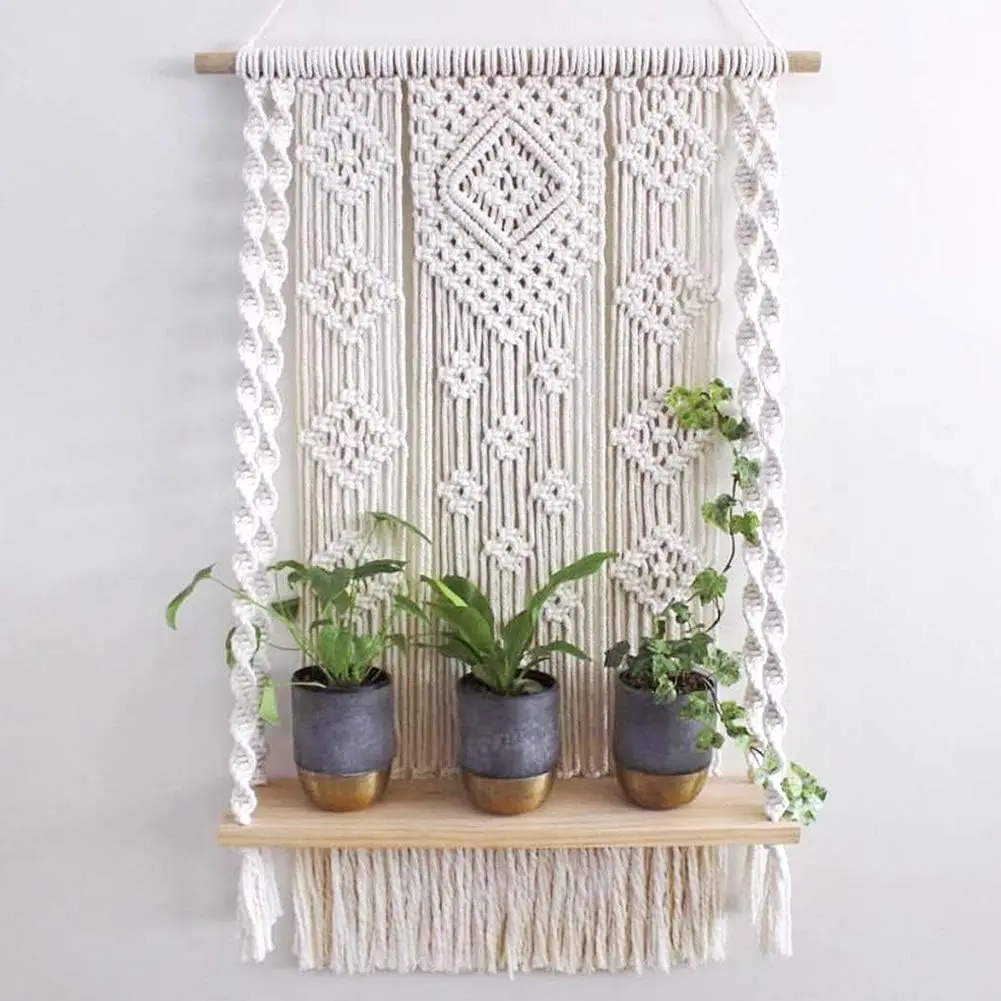 

Macrame Wall Hanging Shelf, Handmade Indoor Boho Pot Basket Hanger Holder, Rope Plant Hanger for Wall Decor (White)