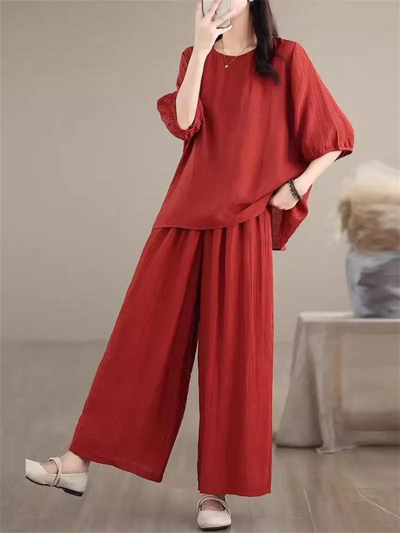 

Fashionable Wide Leg Pants Set For Women Summer 2024 New Large Size Short Sleeve Draped And Elegant Two Piece Outfits K1477