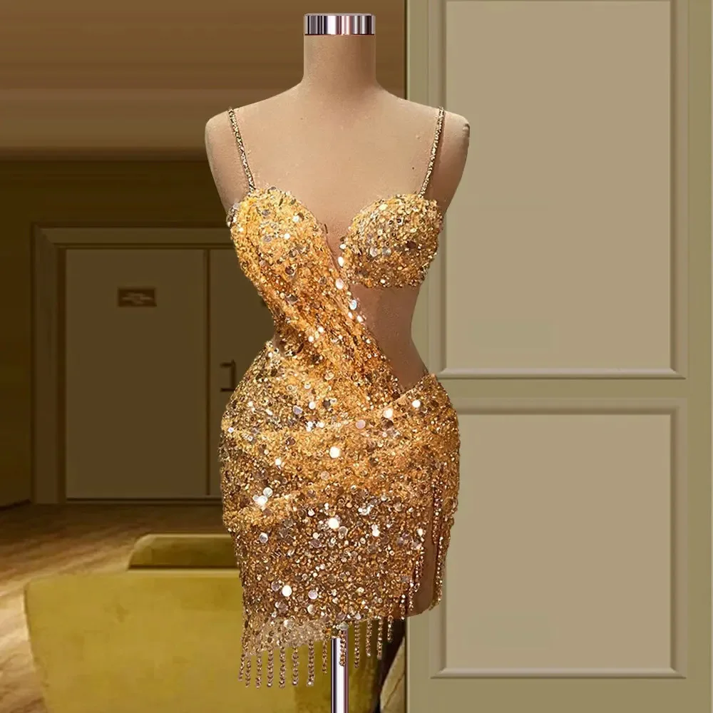 

Gold Sequins Short Prom Dresses 2024 Mermaid Sparkly Cocktail Gowns Sexy Spaghetti Straps Pageant Special Occasion Women Dress