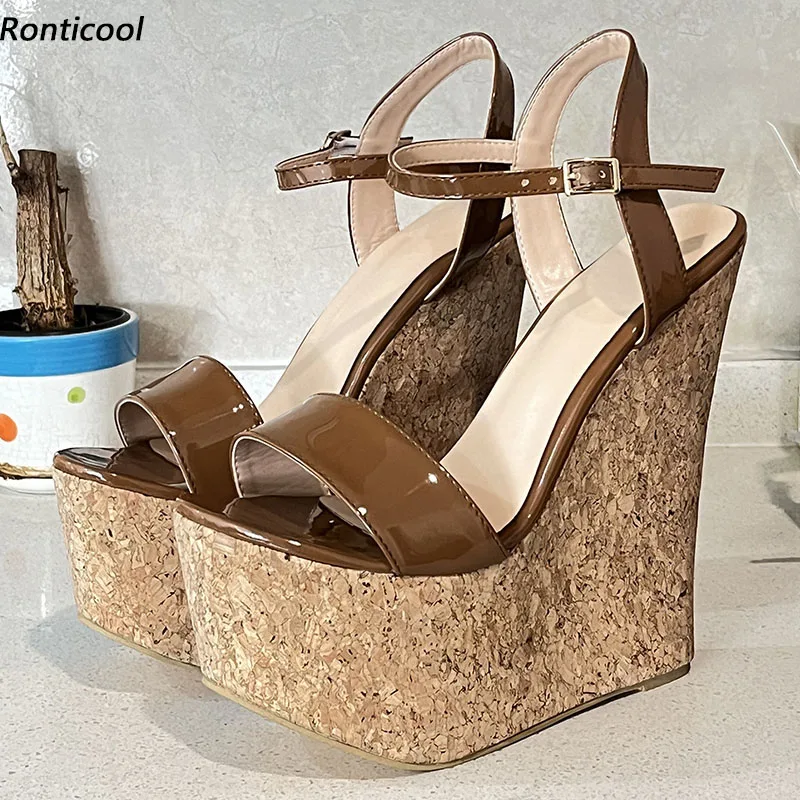 Ronticool Handmade Women Summer Platform Sandals Wedges High Heels Round Toe Pretty Brown Party Shoes Ladies US Plus Size 4-15