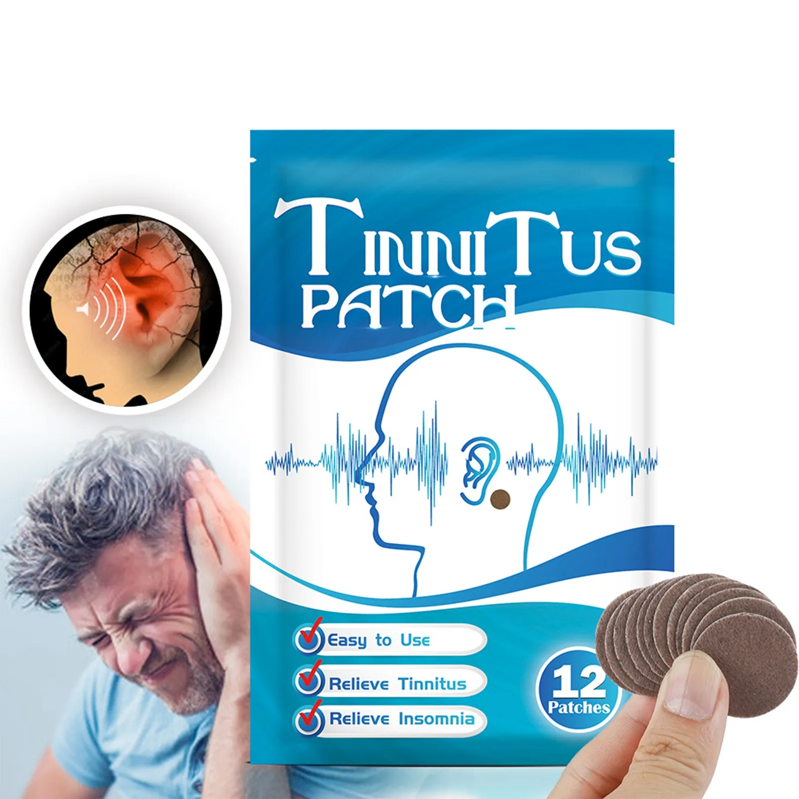 12Pcs Ear Tinnitus Treatment Patch Herbal Ringing Buzzing Relief Plaster Headache Hearing Loss Sticker Chinese Medicine Care