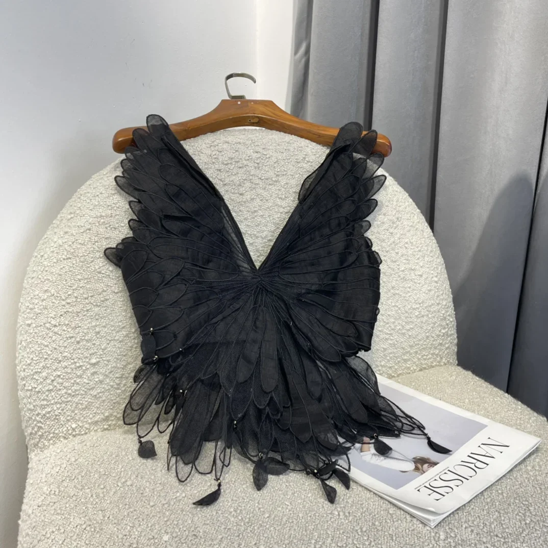 

2025 New High Quality Feather Embroidery Sleeveless Tops and Polka Dots Mesh Tulle Skirt Set