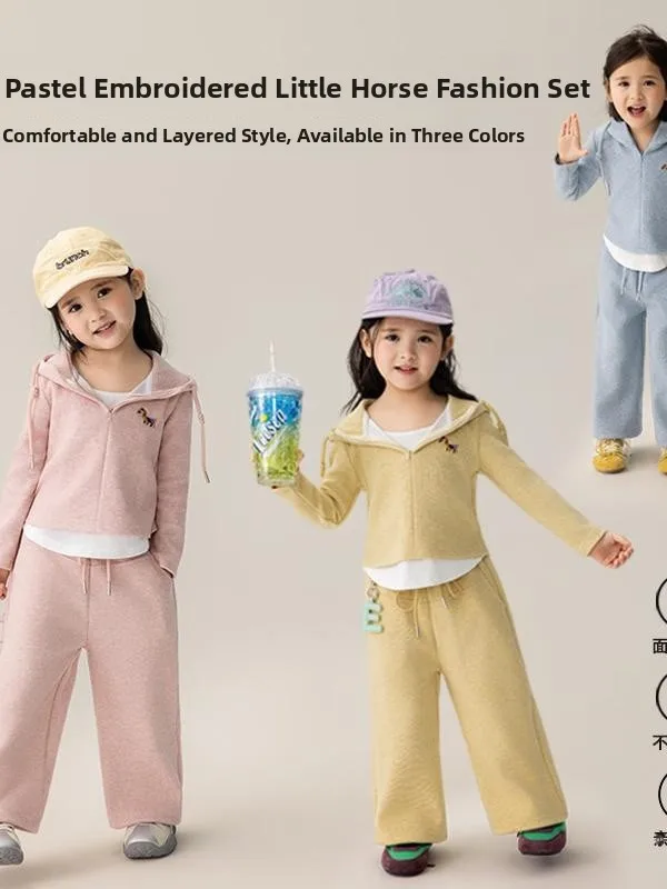 

Spring Faionable Embroidered Girl's Sportswear Set Hooded Cardigan And Print Top Long Sve Cotton Two-Piece Outfit