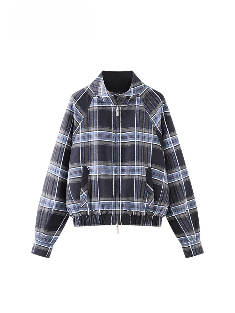 

Женская удлиненная куртка в клетку больших размеров с воротником-стойкой, осенне-зимняя новинка, облегающий топ, модная повседневная одежда из полиэфирного волокна