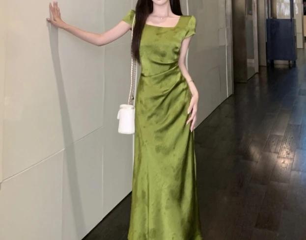 Elegant Vintage jacquard ซาตินแขนสั้น Chic พิมพ์ fairycore Slim ชุดราตรียาว High Street Plus ขนาดเสื้อผ้า