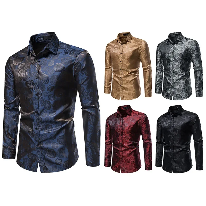 Camisas con estampado de rosas negras para hombre, camisa de lujo de manga larga con estampado Floral de Paisley de seda para fiesta de negocios y