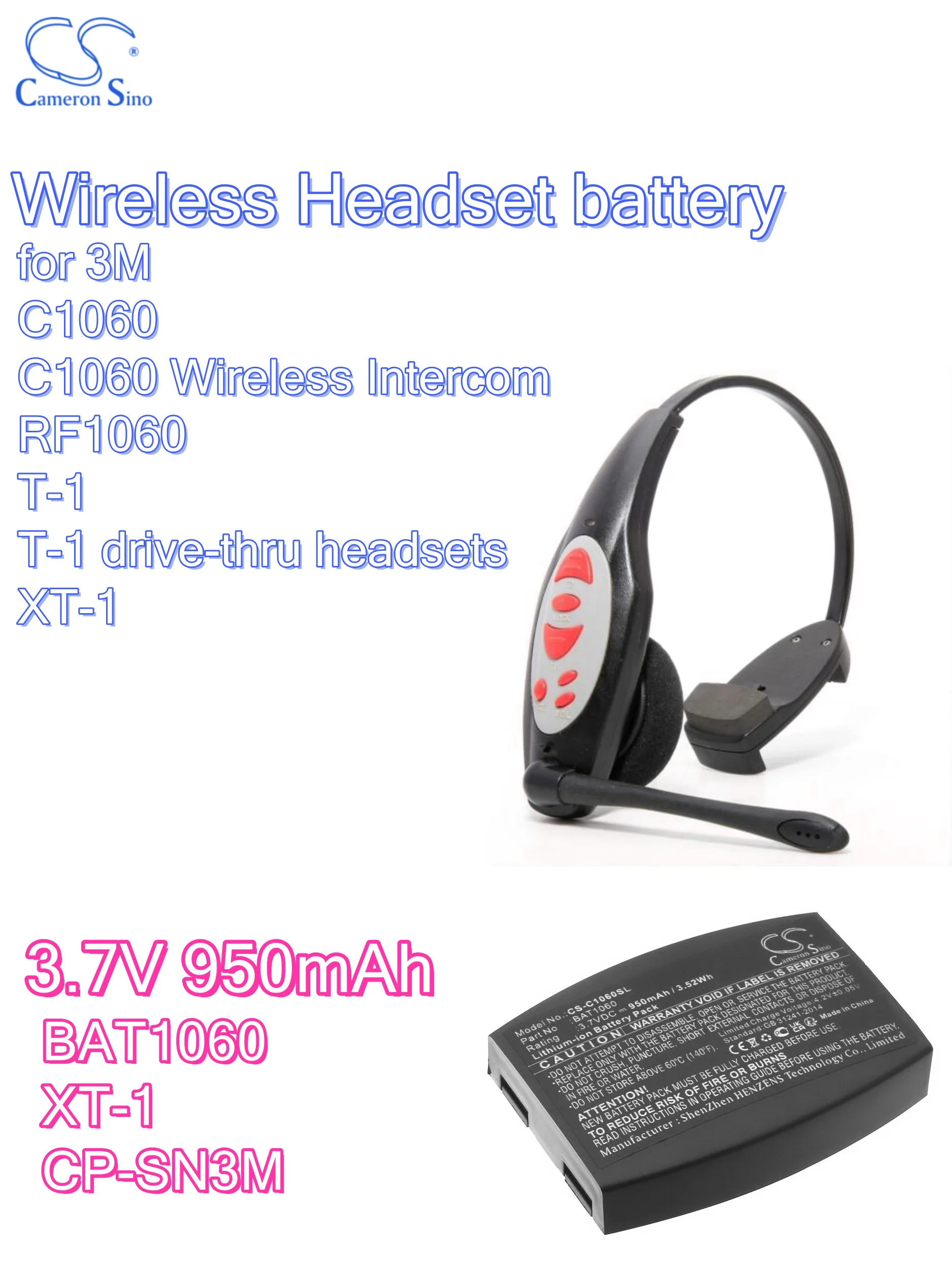 battery Cameron Sino batteries Wireless Headse 3.7V 950mAh for 3M  C1060 C1060 Wireless Intercom RF1060 T-1 T-1 drive-thru heads