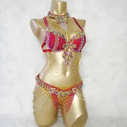 Red Carnival Costume Women Samba Outfit Sexy Belly Dance Wear Beads Bra Waist Belt Professional Stage Performance Wear 2024