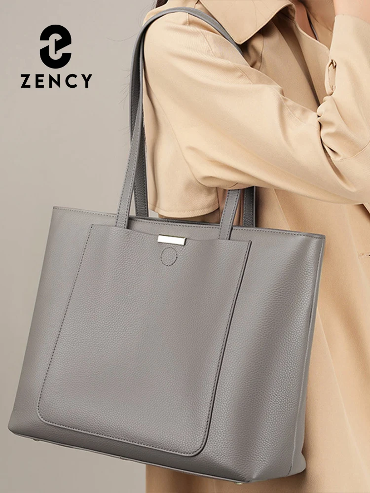 Zency Genuine Leather Women's Tote Handbag Large Shoulder Bag with Front Pocket for Notebook Phone iPad Designer Shopping Bag