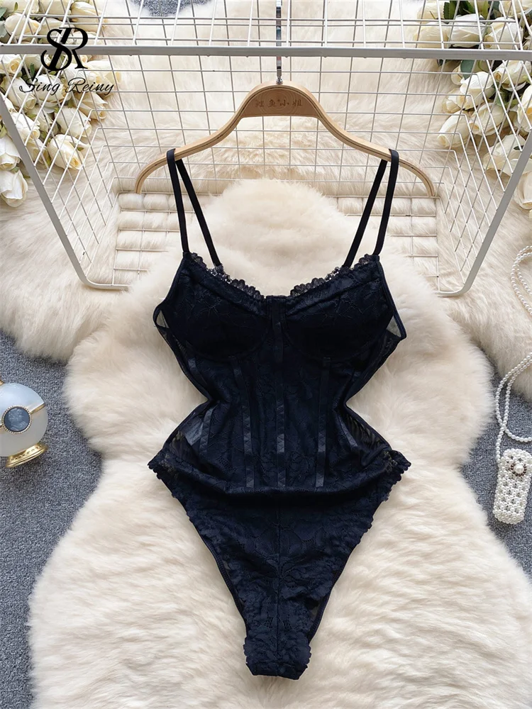 SINGREINY Sexy Lace Camis Women Strapless Rompers Slim Short Playsuits 2023 Fashion Streetwea Erotic Lingerie Sheer Bodysuits