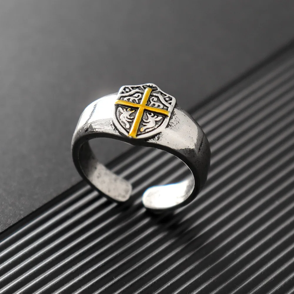 Vintage Creative Knight Shield Cross Men\'s Open Ring Fashion Punk Hip Hop Party Cool Personality Jewelry Accessories Gift