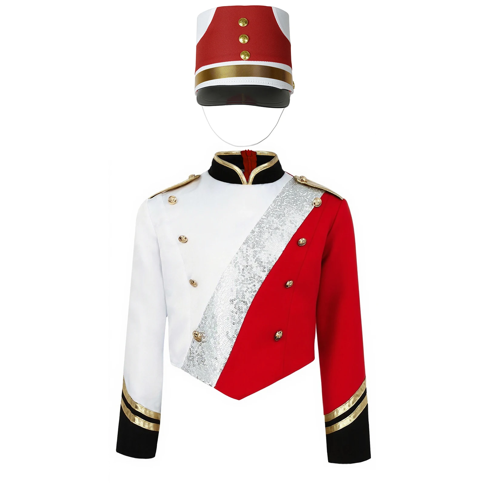 Children Drum Trumpet Major Team Costume Marching Band Performance Honor Guard Uniform Long Sleeve Sequins Shirt Top with Hat