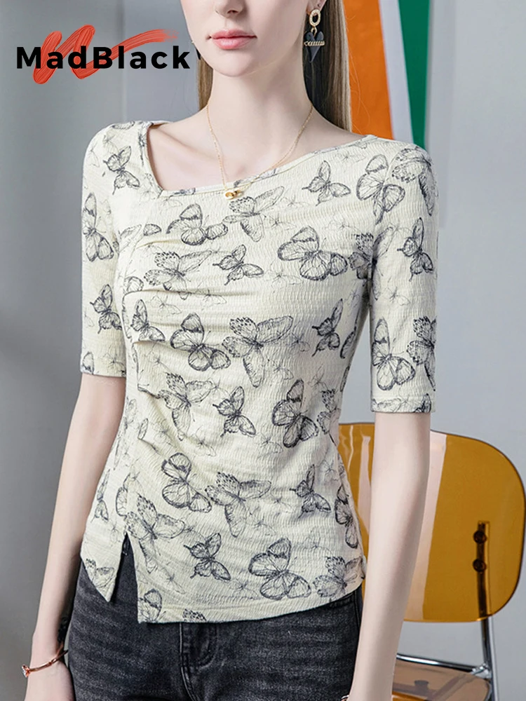 

MadBlack, European Clothes Tshirts, Sexy Women V Neck Butterfly Print Slim Tops, Half Sleeve Folds Tee, Summer Fall T474145QC