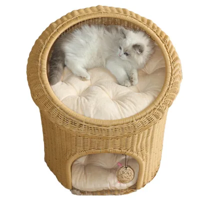 Handmade Wicker Rattan Cat Bed Sleeping House for Summer and All Seasons