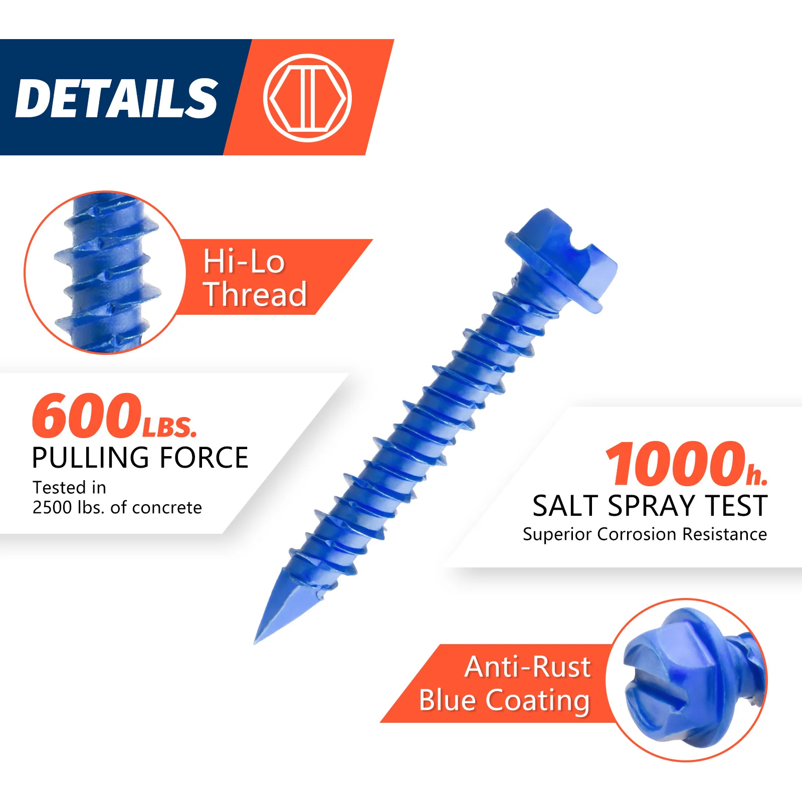 60-Pack 3/16" X 1-3/4" Concrete Screw Anchors – Blue Flat Head, Carbon Steel, With Drill Bit, For Masonry, Block, Brick, Stucco & Cement
