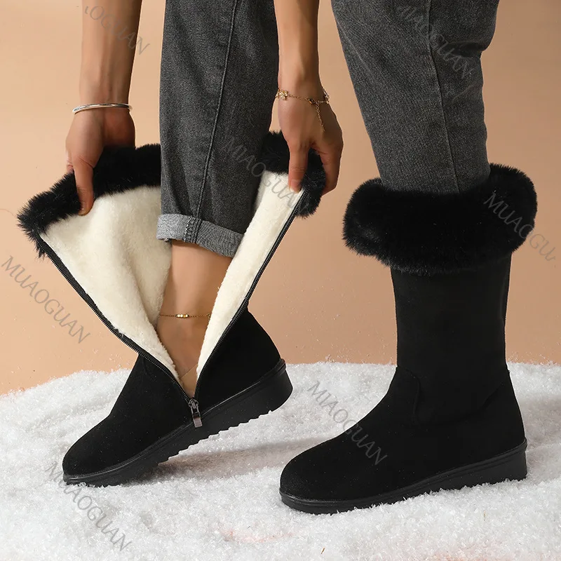 Botas De Nieve De Invierno Para Mujer, Media Pantorrilla, Peludas Y Cálidas, Con Cremallera Lateral, Gamuza Informal_voghion.com